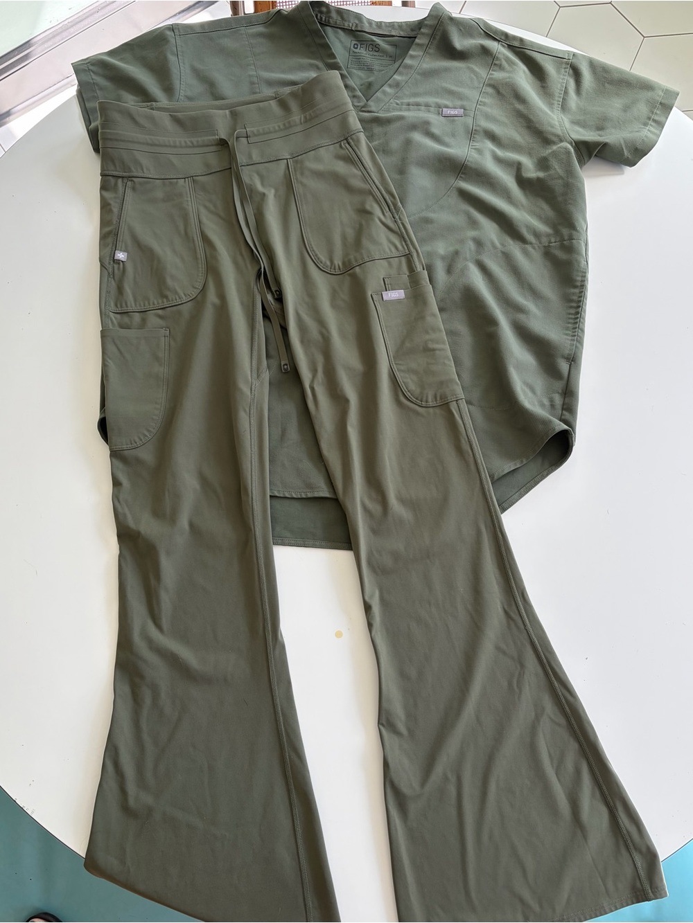 Figs Olive Green Women’s Scrub Top & Flare Pants Set - Picture 1 of 6